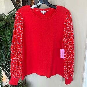 Brand New Riley & Rae Red Top Printed Floral Sleeves Crewneck Ribbed Cuff Macy’s